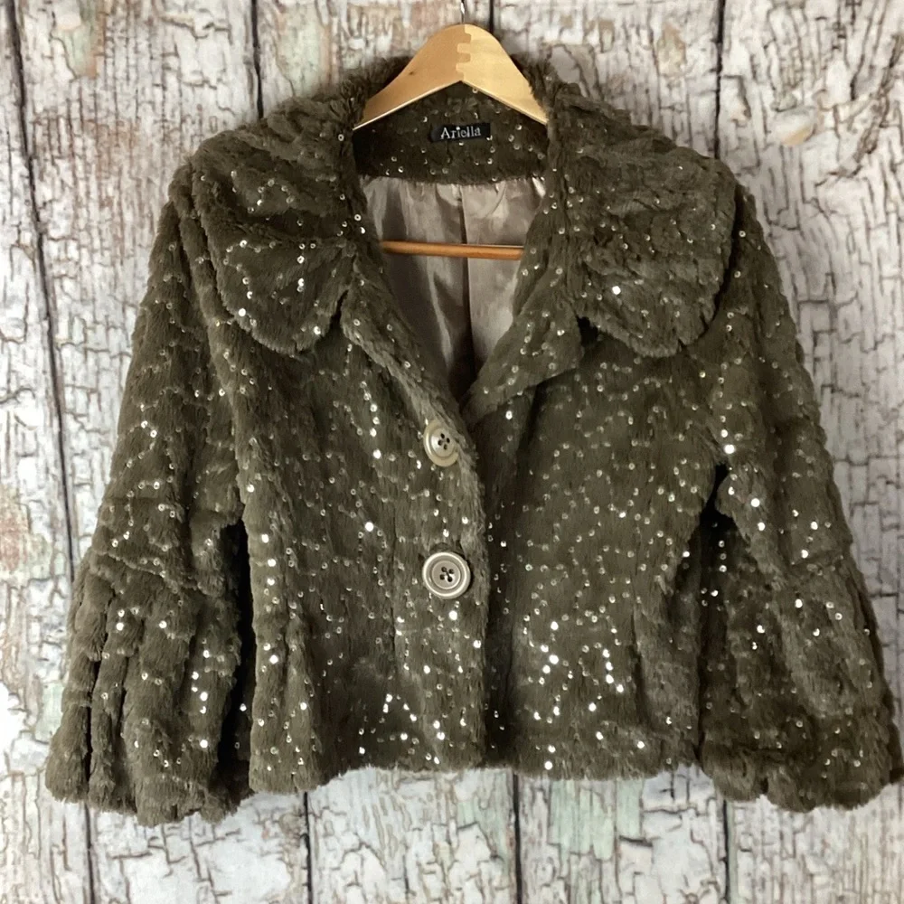 Ariella Glam Sequin Luxe Faux Fur Party Statement Chic Luxury Jacket L - Picture 2 of 5